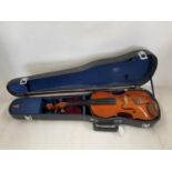 Cased violin and bow, see images for details and condition