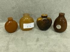 Three Chinese agate snuff bottles, together with a tiger's eye snuff bottle, Qing dynasty and later.
