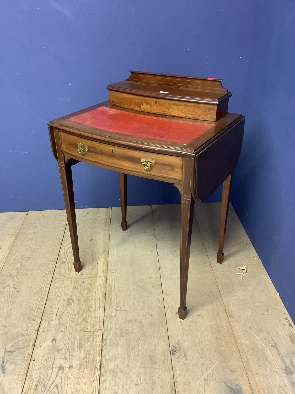 Ladies inlaid mahogany small writing table with red leather top & side flaps, 60cm W (closed). - Image 2 of 2
