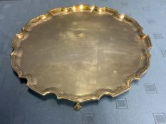 Large Hallmarked silver circular salver with pie crust edge, monogramed and engraved, Sheffield