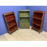 Green painted small waterfall bookcase 52cm W x 96cm H & pair of mahogany Regency style ones on