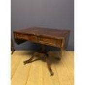 Regency rosewood and brass inlaid sofa table with 2 pull out drawers and 2 dummy drawers supported