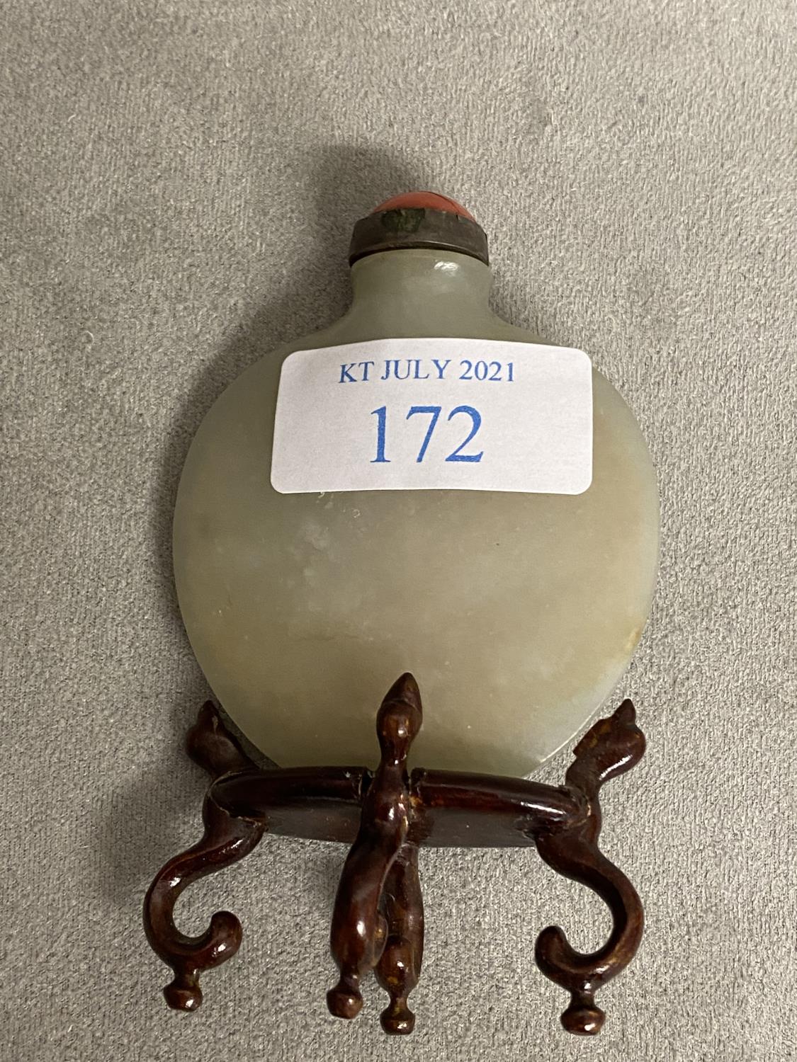 C18th/19th Chinese jade snuff bottle of flat form, stopper and stand - Image 3 of 11