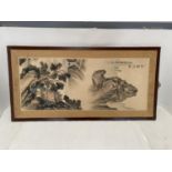 Chinese painting, of house and landscape with Chinese character marks, in wooden and brass oblong