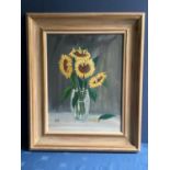 GEORGE S WISSINGER. Modern Oil , framed, "French sunflowers in a glass vase", 44.5 x 34cm