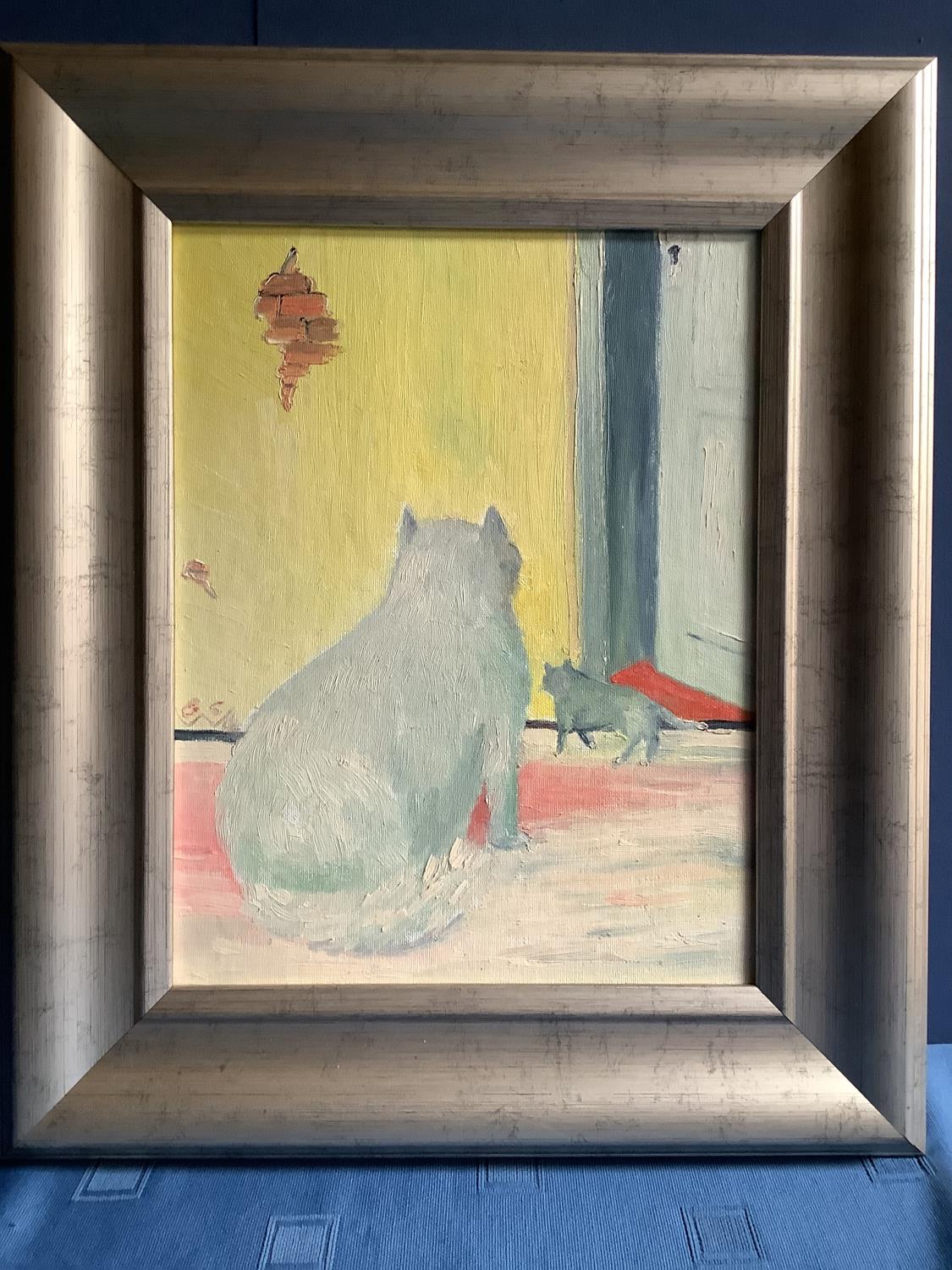 GEORGE S WISSINGER. Modern Oil on canvas, framed, "cats" , 34 x 26 - Image 2 of 2