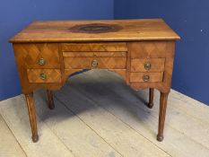 Continental mixed fruitwood parquetry veneered dressing table, the hinged marquetry inlaid top