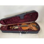 Cased violin and bow, see images for details and condition