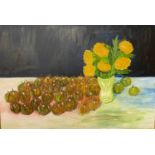 GEORGE S WISSINGER C20th, oil on canvas, Chrysantheums, still life, Apple and Granny Smiths, 2017,
