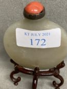 C18th/19th Chinese jade snuff bottle of flat form, stopper and stand