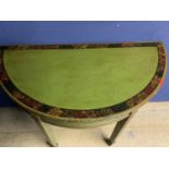 Pair green painted semi-circular side tables with carved edging & reeded square tapered legs,