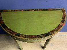 Pair green painted semi-circular side tables with carved edging & reeded square tapered legs,