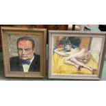 Oil on board portrait of Winston Churchill framed, 39cm x 49cm & Oil on board, Nude, initialled