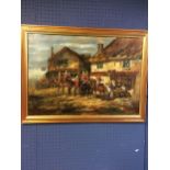 C19th oil painting, Guards drinking at Tavern, initialled EV & dated "88