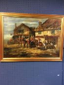 C19th oil painting, Guards drinking at Tavern, initialled EV & dated "88