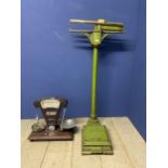 Set of green painted and brass free standing weighing scales, and a set of table top Avery