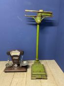 Set of green painted and brass free standing weighing scales, and a set of table top Avery