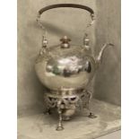 George II Hallmarked Silver bullet kettle on stand with spirit burner having chased decoration and