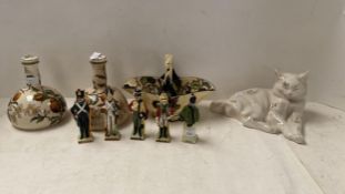 Qty of ceramics to include 5 ceramic figures of soldiers some marks to base & pair of lidded