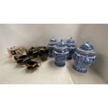 4 modern blue & white ginger jars with covers, Burslem wear teapot etc, black & gilt lustre teapot