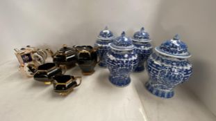 4 modern blue & white ginger jars with covers, Burslem wear teapot etc, black & gilt lustre teapot