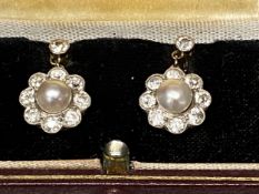 Pair of 18ct gold and platinum pearl and diamond drop earrings, central 4mm natural cultural pearl