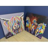 Two unframed decorative canvases of cattle and horses, signed Steven Brown