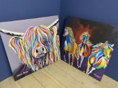 Two unframed decorative canvases of cattle and horses, signed Steven Brown