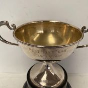 Plated two handled trophy on stand, inscribed