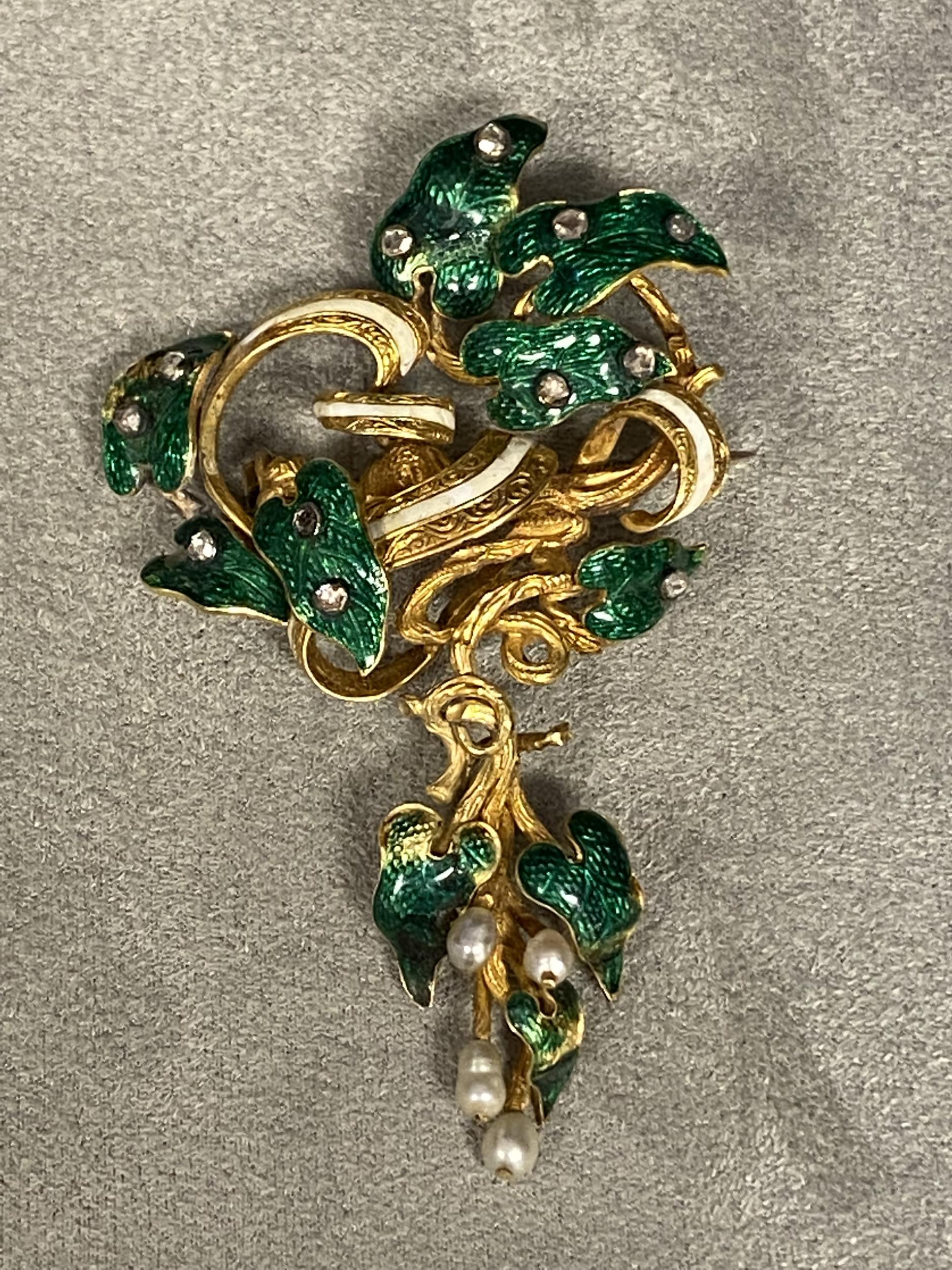 C19th, Unmarked yellow metal diamond and enamel seed pearl brooch, green enamel leaves with rose cut