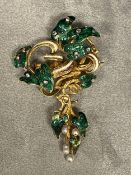 C19th, Unmarked yellow metal diamond and enamel seed pearl brooch, green enamel leaves with rose cut