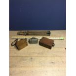 Quantity of surveying equipment: Imperial Staff 6480, with wooden and leather bounded tripod and