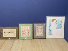 Three framed and glazed pen and ink pictures depicting oriental ladies amongst fauna, signed and