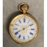 18ct gold cased ladies pocket watch, crown wind, with gilt and enamel face, small crack to glass,