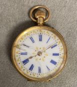 18ct gold cased ladies pocket watch, crown wind, with gilt and enamel face, small crack to glass,