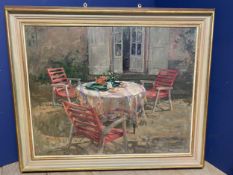 Large decorative oil on canvas , bears signature lower right Ryder, label verso, "tea table with red