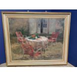 Large decorative oil on canvas , bears signature lower right Ryder, label verso, "tea table with red