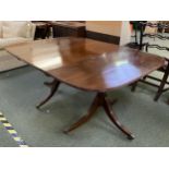 Mahogany twin pedestal dining table, with central leaf 156cm length x 113cm wide x 71cm high