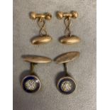 Pair of gents 9 ct gold cufflinks, and a pair of yellow metal and enamel cufflinks