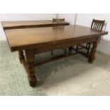 Large carved oak dining table & 2 extension leaves & 3 chairs 99x196cm