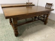 Large carved oak dining table & 2 extension leaves & 3 chairs 99x196cm