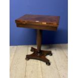 Small Victorian rosewood fold over card table, with tapering circular column to quadruped base, 58