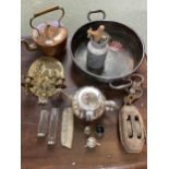 Quantity of collectables including copper kettle, brass sconce, jam pan, metal oval plaque "1939
