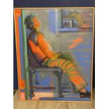 An Unframed decorative, colourful canvas, Seated figure, bears signature ME Bastone, 76 x 61cm