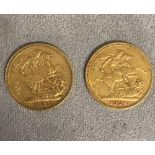 2 Victorian old head gold sovereigns, 1889, and 1894, each stamped with mint mark, M, verso, 16