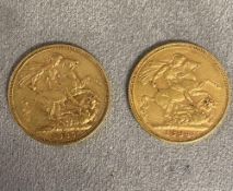 2 Victorian old head gold sovereigns, 1889, and 1894, each stamped with mint mark, M, verso, 16