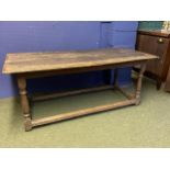 Large oak plank top refectory table, with stretchers to base 172cm long x 79cm wide x 71 cm high