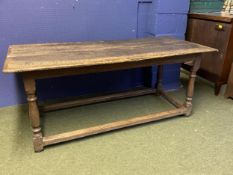 Large oak plank top refectory table, with stretchers to base 172cm long x 79cm wide x 71 cm high