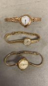 Three 9ct gold cocktail watches, each on 9 ct gold straps, gross weight 62g