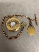 18ct gold cased gents half hunter pocket watch, with crown wind movement, and a 9ct gold fancy